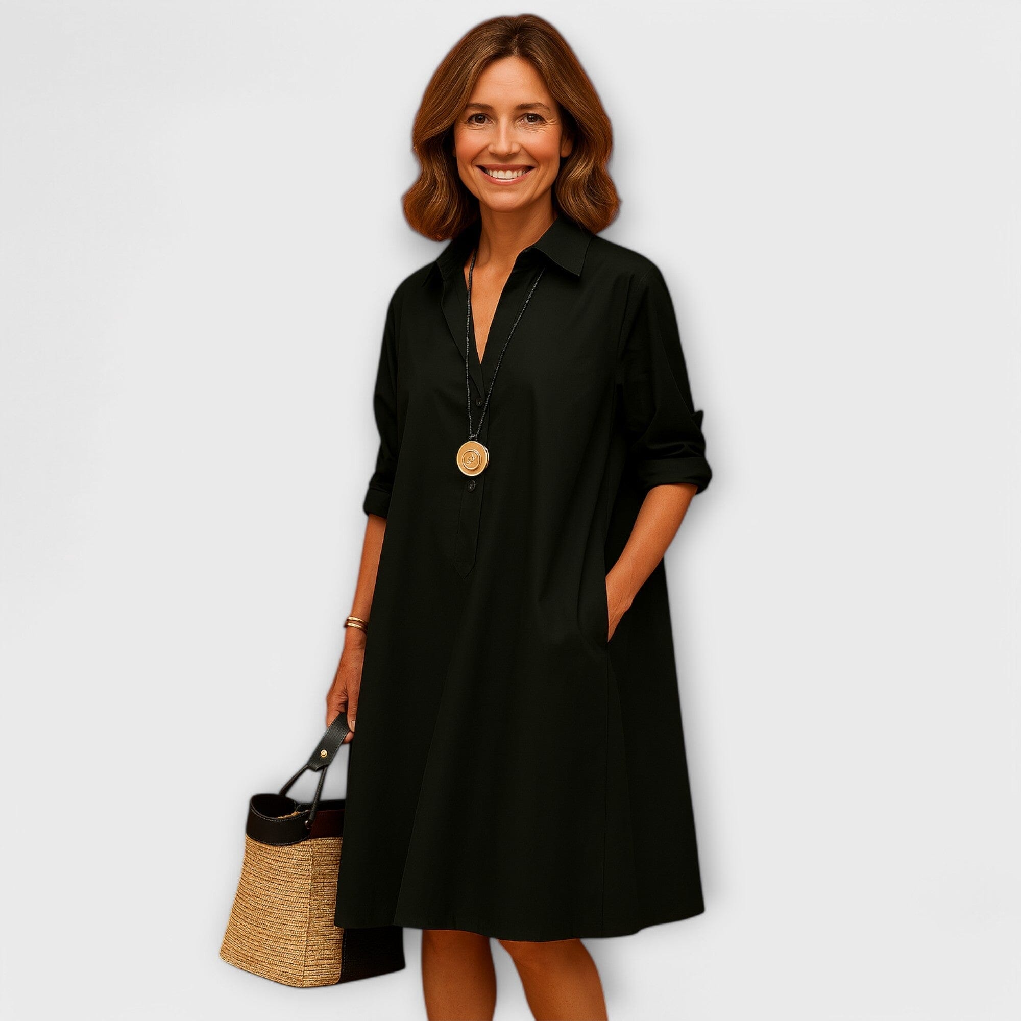 Vestido de camisa moderno con cuello y mangas tres cuartos
