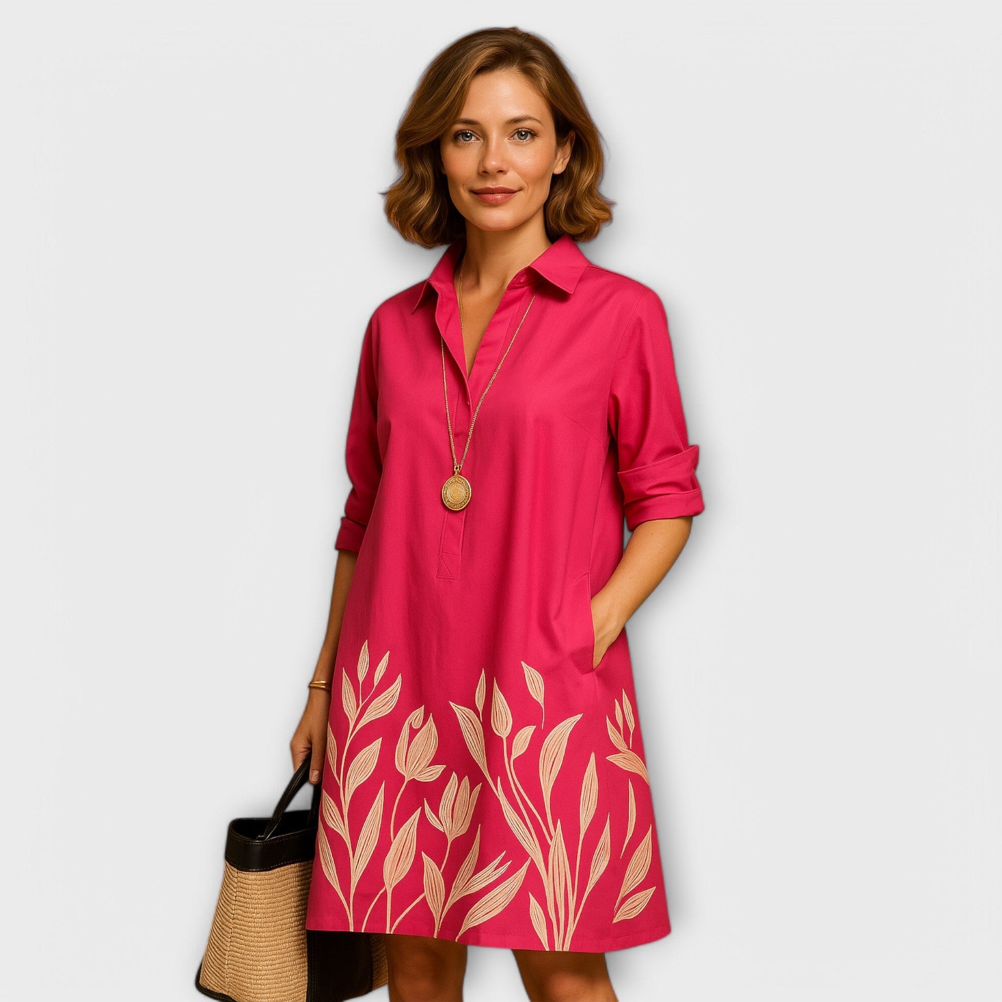Vestido de camisa moderno con cuello y mangas tres cuartos