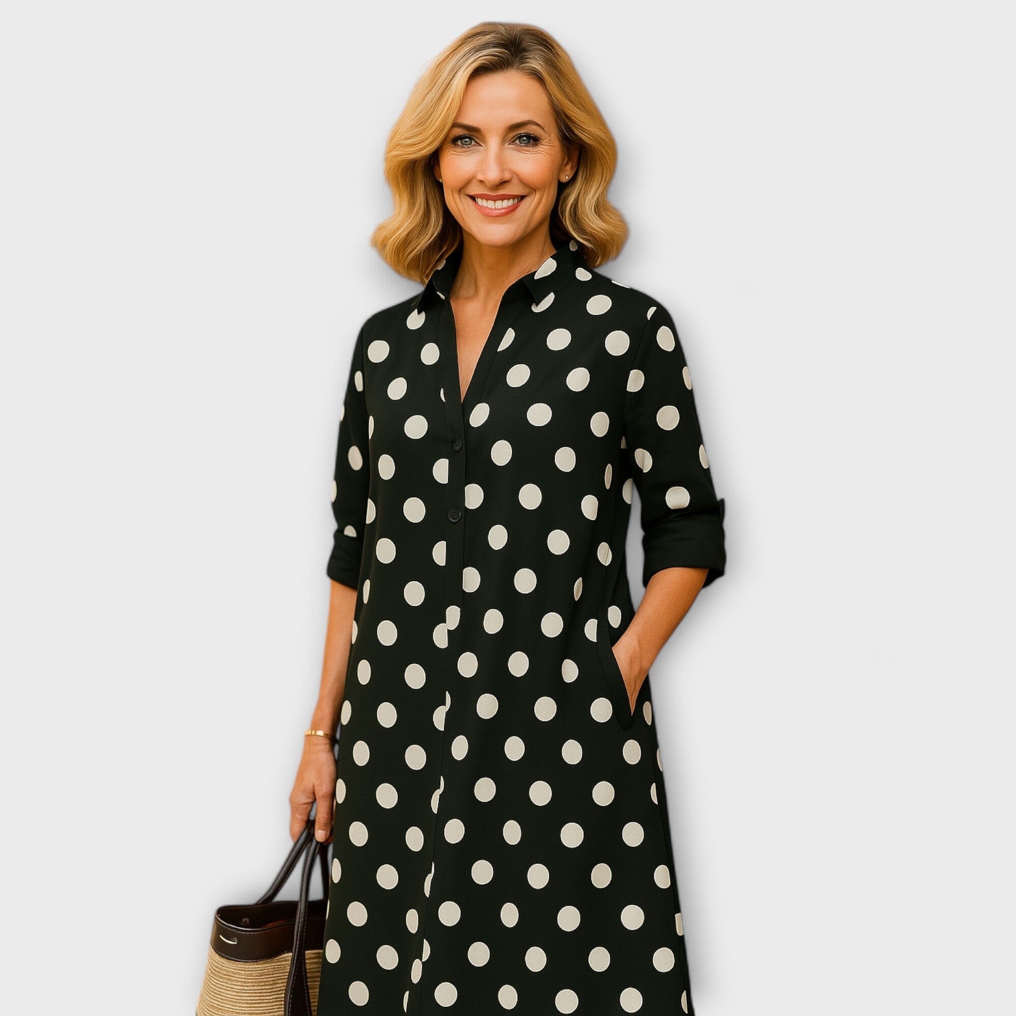 Vestido de camisa moderno con cuello y mangas tres cuartos