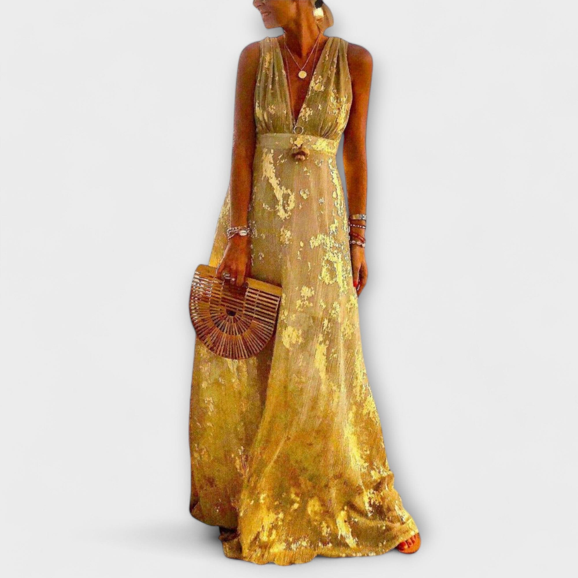 Vestido fluido con escote en V y detalles de lentejuelas