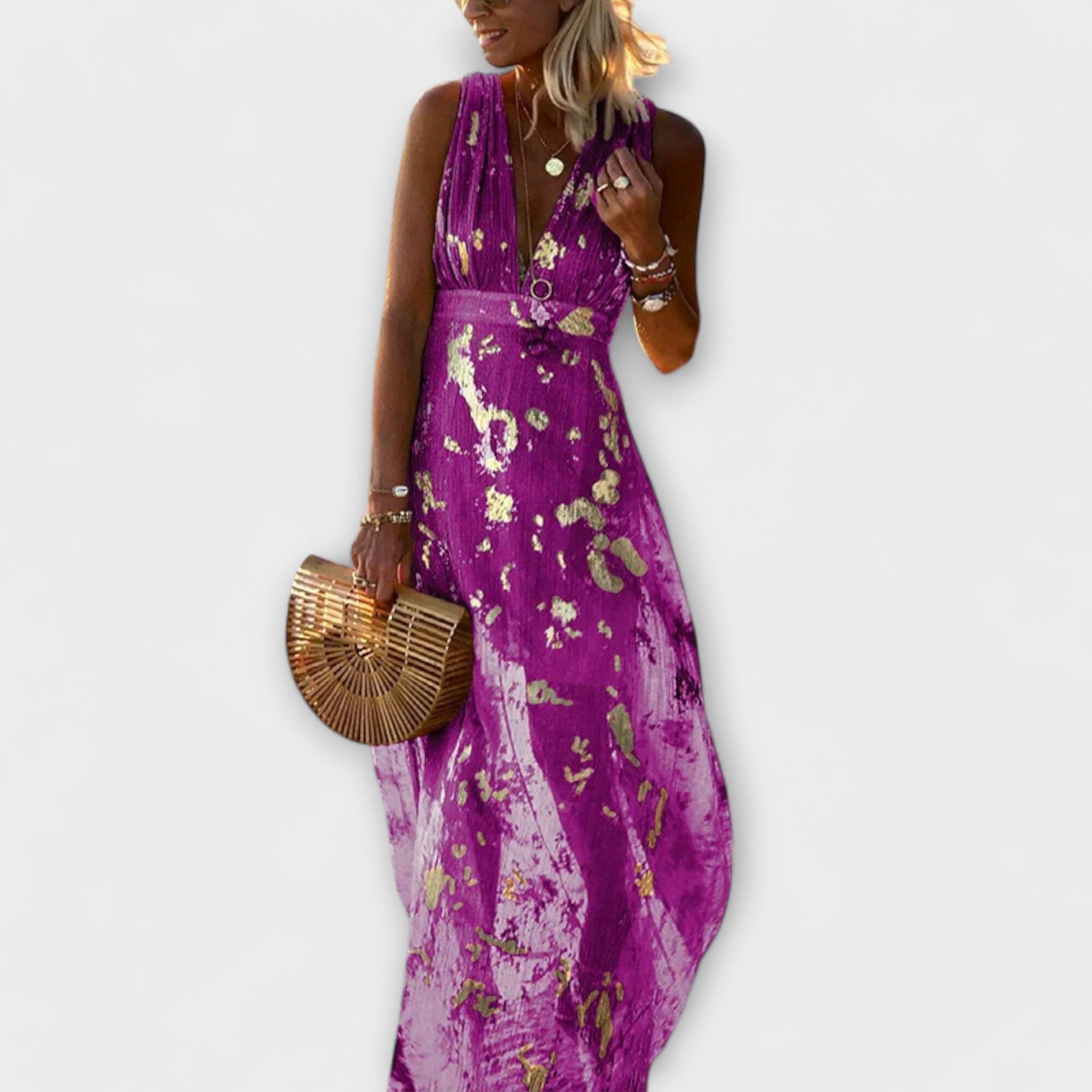 Vestido fluido con escote en V y detalles de lentejuelas