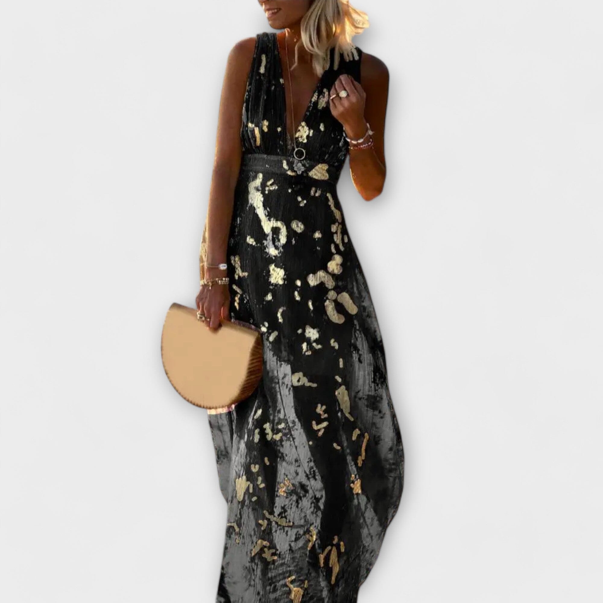 Vestido fluido con escote en V y detalles de lentejuelas