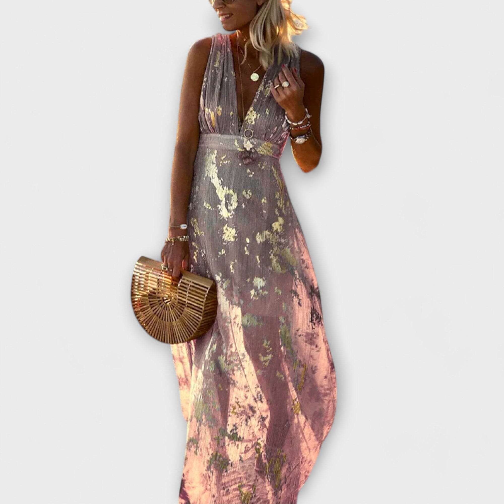 Vestido fluido con escote en V y detalles de lentejuelas
